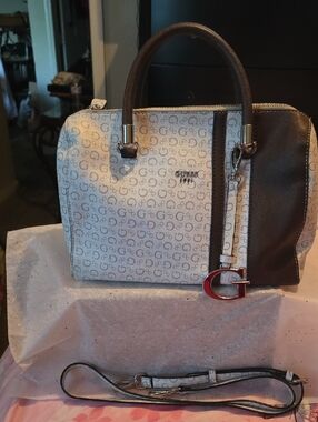 Guess White and Brown Monogram Satchel with G Charm